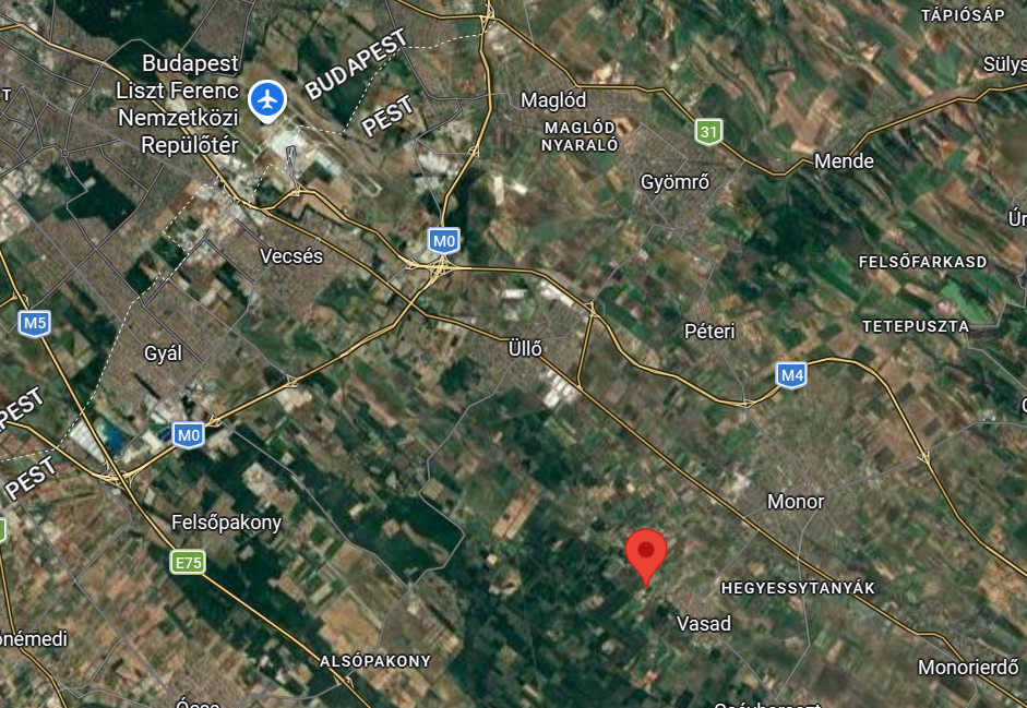 Map: Vasad, southeast of Budapest, near the M4 and Monor